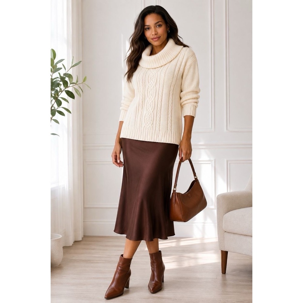 New York & Company Women's Cream Cable Knit Cowl Neck Pullover Sweater L